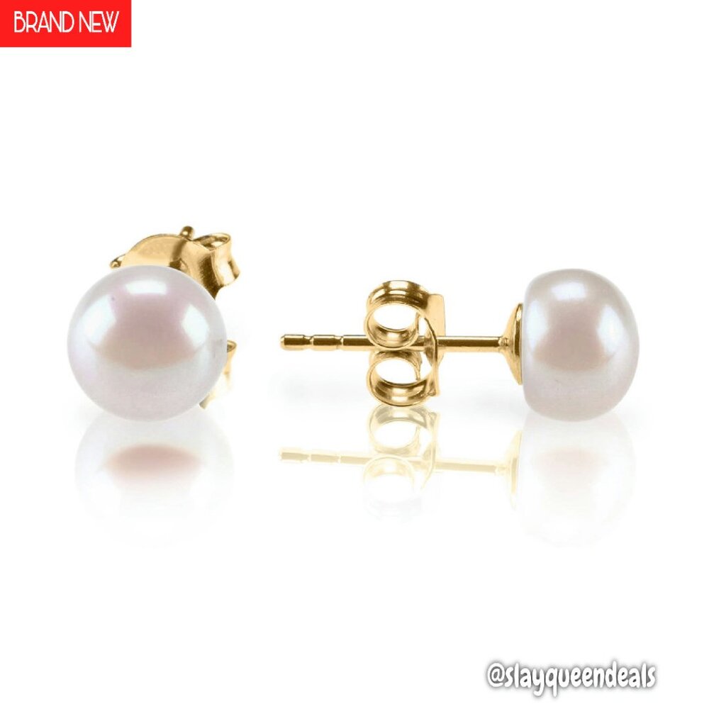 Sterling Silver 14k Gold Plated Freshwater Cultured Pearl Stud Earrings